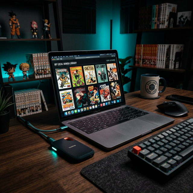 A laptop connected to a local external SSD drive filled with manga