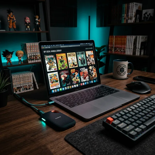 A laptop connected to a local external SSD drive filled with manga