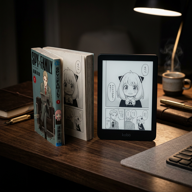 A physical manga volume next to a 6-inch e-reader