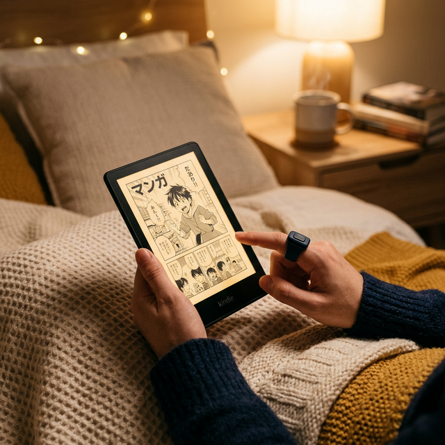 A reader using a remote page turner ring